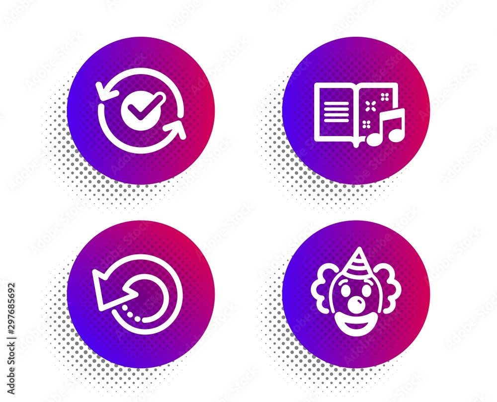 Poster approved, music book and recovery data icons simple set. halftone dots button. clown sign. refresh s