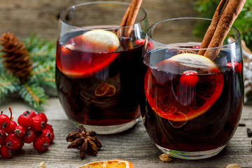 Mulled wine in glasses in Christmas surroundings