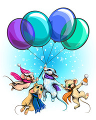 Mice fly on balloons. Colorful drawing of cheerful mice traveling on balloons.