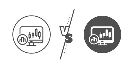 Analytics graph sign. Versus concept. Candlestick chart line icon. Market analytics symbol. Line vs classic candlestick chart icon. Vector