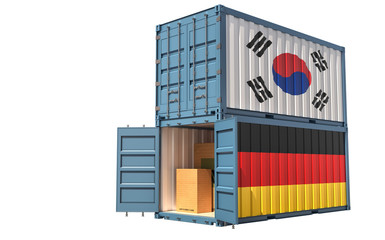 Two freight container with South Korea and Germany flag. Isolated on white - 3D Rendering