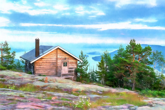 Watercolor illustration: Public tourist rest house in front of view over Scandinavian mountains with pine tree forest, the village and two sea bays, summer day with heavy dramatic clouds, North Sweden