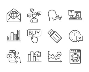 Set of Technology icons, such as Laundry, Conversation messages, Buying, Seo analysis, Breathing exercise, Call center, Decreasing graph, Usb flash, Faq, Web mail, Time, Graph chart. Vector