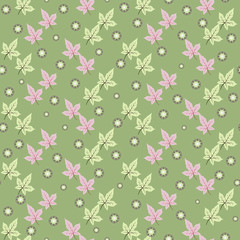 Seamless pattern of pale golden and pink maple leaves, small multipath stars, pale green background.