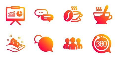 Dots message, Skin care and Presentation line icons set. Messenger, Coffee cup and Tea cup signs. Group, 360 degrees symbols. Chat bubble, Hand cream. Business set. Vector
