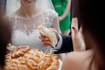 bride and groom with cake