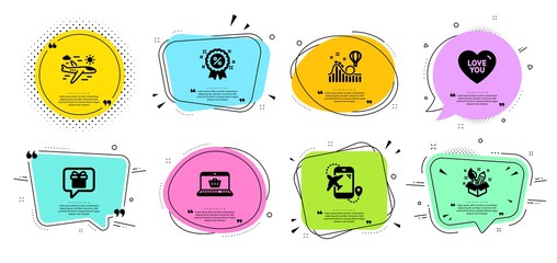 Creativity, Love you and Wish list line icons set. Chat bubbles with quotes. Online shopping, Roller coaster and Flight destination signs. Airplane travel, Discount symbols. Vector