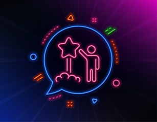 Launch star line icon. Neon laser lights. Feedback rating sign. Customer satisfaction symbol. Glow laser speech bubble. Neon lights chat bubble. Banner badge with star icon. Vector