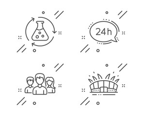 Chemistry experiment, 24h service and Teamwork line icons set. Arena stadium sign. Laboratory flask, Call support, Group of users. Sport complex. Business set. Vector
