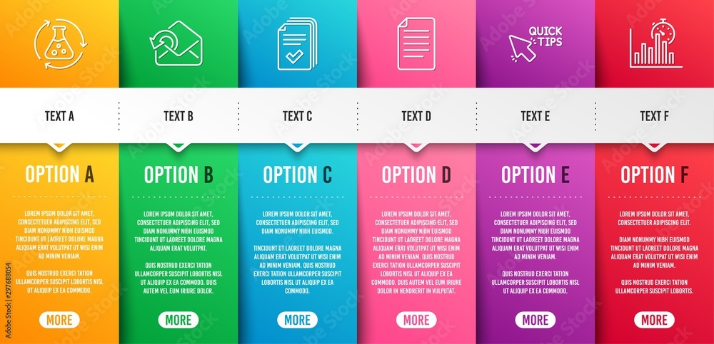 Poster handout, quick tips and chemistry experiment line icons set. infographic timeline. send mail, file a