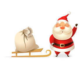 Cute Santa Claus with sleight and gift bag - vector illustration isolated on transparent background