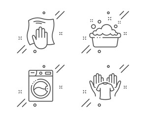 Washing machine, Hand washing and Hold t-shirt line icons set. Laundry, Laundry basin, Wipe with a rag. Cleaning set. Line washing machine outline icon. Vector