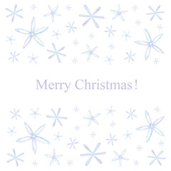 Christmas card with hand drawn watercolor shiny blue snowflakes. Winter ornament on white background with place for your text.
