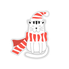 Obraz premium Cute cat in a hat and scarf, greeting card for Christmas and New Year, sticker illustration for children, print t-shirt