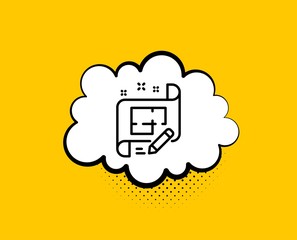Architect line icon. Comic speech bubble. Engineering plan sign. Edit project document. Yellow background with chat bubble. Architect plan icon. Colorful banner. Vector