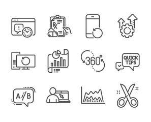 Set of Science icons, such as Scissors, Recovery phone, Project deadline, Online education, Quick tips, Prescription drugs, Recovery computer, Seo gear, Ab testing, Report document. Vector