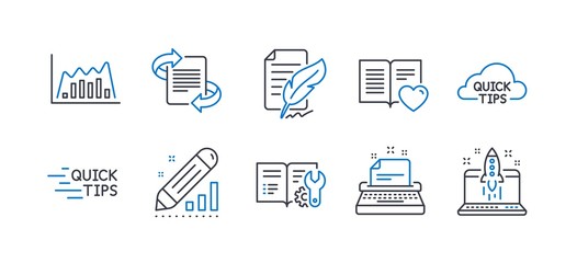 Set of Education icons, such as Quick tips, Education, Edit statistics, Love book, Engineering documentation, Infographic graph, Marketing, Typewriter, Feather signature, Start business. Vector