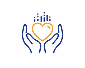 Care love emotion sign. Hold heart line icon. Valentine day symbol. Colorful outline concept. Blue and orange thin line hold heart icon. Vector