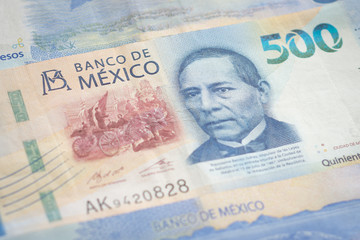 Five hundred new mexican pesos bills close up