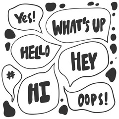 Yes, whats up, hello, hey, hi, tag, hashtag, oops. Sticker for social media content. Vector hand drawn illustration design. 