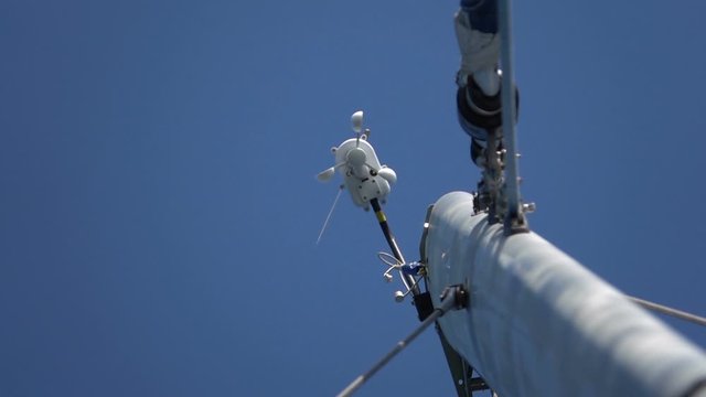Anemometer wind speed sensor on a yacht. Slow motion