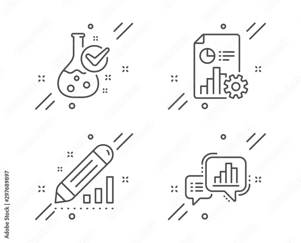 Poster report, edit statistics and chemistry lab line icons set. graph chart sign. presentation document, s