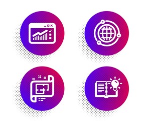 Architectural plan, Globe and Web traffic icons simple set. Halftone dots button. Product knowledge sign. Technical project, Internet world, Website window. Education process. Science set. Vector