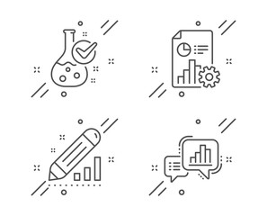 Report, Edit statistics and Chemistry lab line icons set. Graph chart sign. Presentation document, Seo manage, Laboratory flask. Growth report. Education set. Line report outline icon. Vector