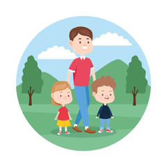 cartoon man with his kids, colorful design