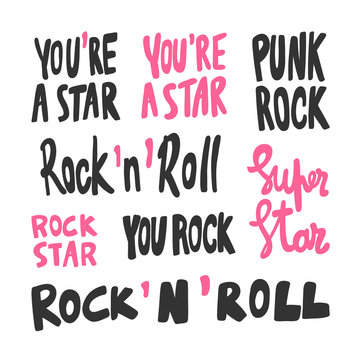 Rock and roll collection set. Star, super, punk. Sticker for social media content. Vector hand drawn illustration design. 