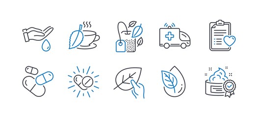 Set of Healthcare icons, such as Ambulance car, Wash hands, Mint tea, Organic product, Capsule pill, Patient history, Organic tested, Mint bag, Medical drugs, Cream line icons. Vector
