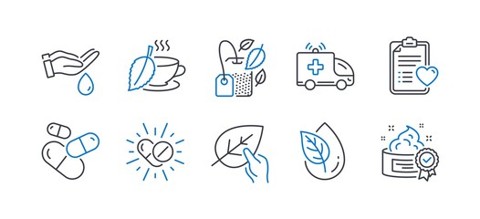 Set of Healthcare icons, such as Ambulance car, Wash hands, Mint tea, Organic product, Capsule pill, Patient history, Organic tested, Mint bag, Medical drugs, Cream line icons. Vector
