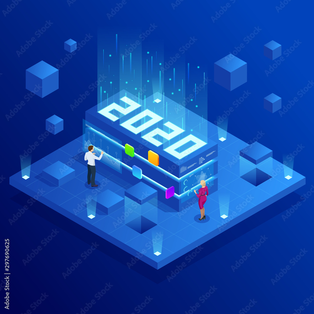 Poster isometric modern web network and internet telecommunication technology. modern data center, server r