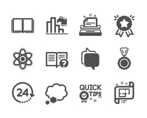 Set of Education icons, such as Ranking star, Decreasing graph, Medal, Help, Architectural plan, Quick tips, Typewriter, Chemistry atom, Messenger, 24 hours, Talk bubble, Book. Vector