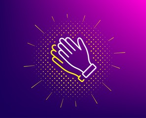 Clapping hands line icon. Halftone pattern. Clap sign. Victory gesture symbol. Gradient background. Clapping hands line icon. Yellow halftone pattern. Vector