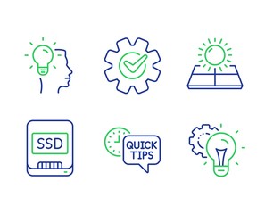 Idea, Sun energy and Quick tips line icons set. Ssd, Cogwheel and Idea gear signs. Professional job, Solar panels, Helpful tricks. Memory disk. Science set. Line idea outline icons. Vector