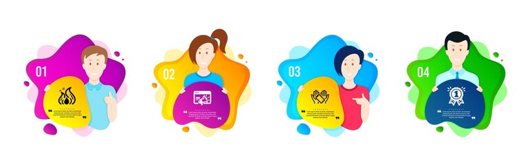 Smartphone holding, Seo marketing and Fire energy icons simple set. People shapes timeline. Reward sign. Phone, Megaphone, Flame. First place. Business set. Dynamic shape offer. Vector