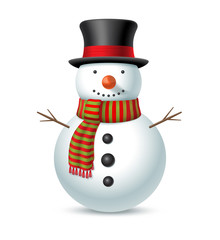 Christmas snowman with hat and scarf isolated on white background. Vector illustration