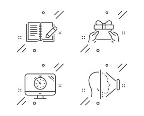 Obraz premium Seo timer, Feedback and Give present line icons set. Face id sign. Analytics, Book with pencil, Receive a gift. Phone scanning. Business set. Line seo timer outline icon. Vector