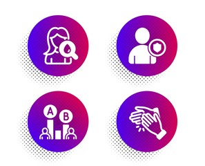 Moisturizing cream, Security and Ab testing icons simple set. Halftone dots button. Clapping hands sign. Face lotion, Person protection, Test chart. Clap. People set. Vector