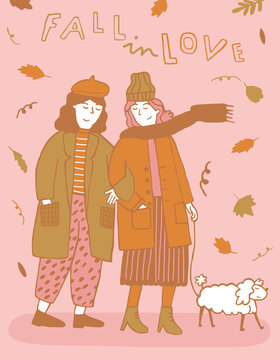 2 girls in love go for a walk with their dog in autumn illustration