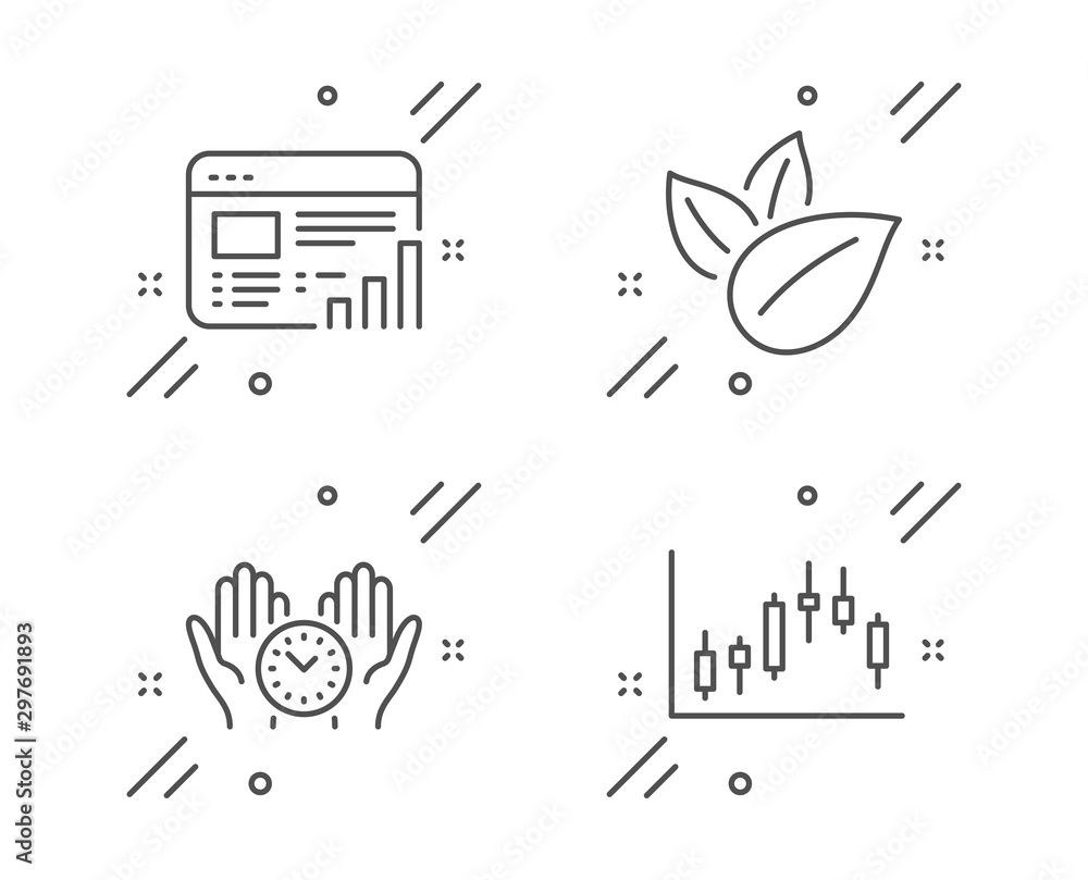 Poster safe time, organic product and web report line icons set. candlestick graph sign. management, leaves