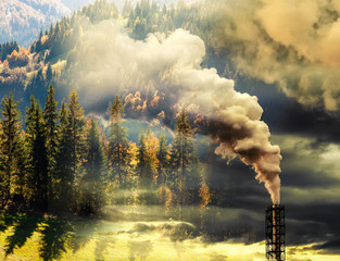 climate change or global warming banner - double exposure of polluting factory smoke and pine forest