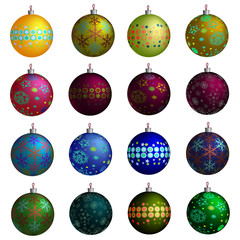 Set of colorful Christmas balls with different patterns. Isolated on white background. Vector illustration.