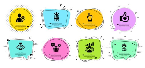 Eye laser, Click hand and Teamwork line icons set. Chat bubbles with quotes. Security, Winner podium and Teamwork results signs. Like hand, Shipping support symbols. Vector