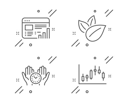 Safe time, Organic product and Web report line icons set. Candlestick graph sign. Management, Leaves, Graph chart. Finance chart. Business set. Line safe time outline icon. Vector