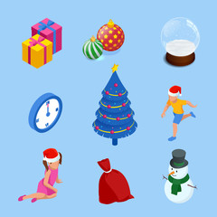 Isometric set of graphic elements for Christmas cards. New Year elements.