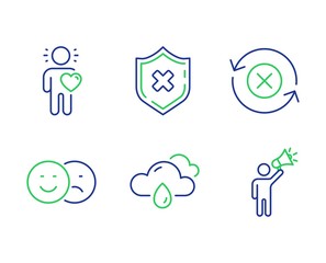 Friend, Reject protection and Like line icons set. Reject refresh, Rainy weather and Brand ambassador signs. Love, No security, Social media dislike. Update rejection. Business set. Vector