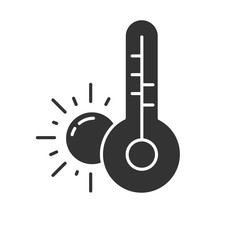 Weather forecast glyph icon. Anticyclone. Drought. Atmospheric conditions and air temperature. Sun and thermometer. Global warming. Silhouette symbol. Negative space. Vector isolated illustration