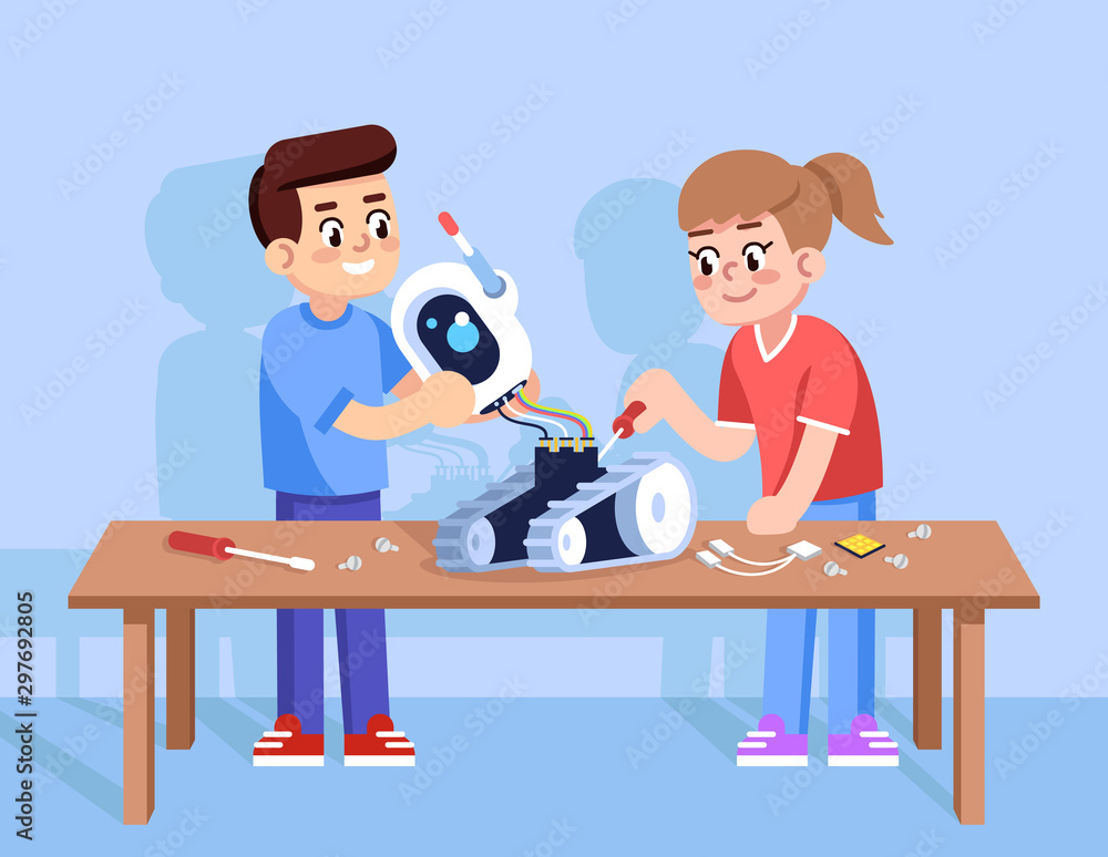 Poster boy and girl assemble robot flat vector illustration. electronic constructor for kids. robotics cour